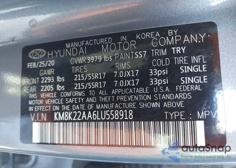 2020 Hyundai Kona Sel from USA, damaged, VIN KM8K22AA6LU558918